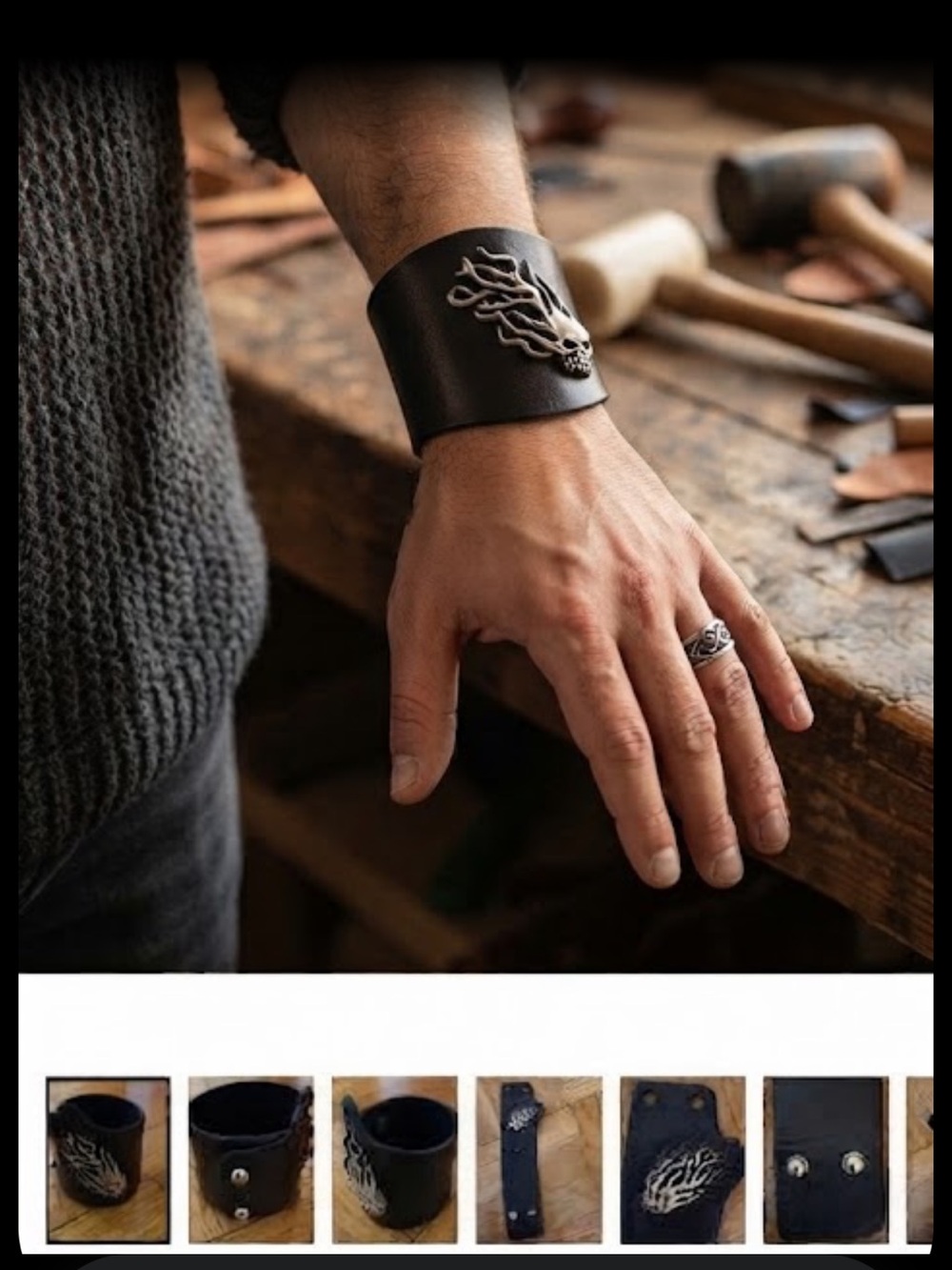 Custom made men’s leather with silver design bracelet